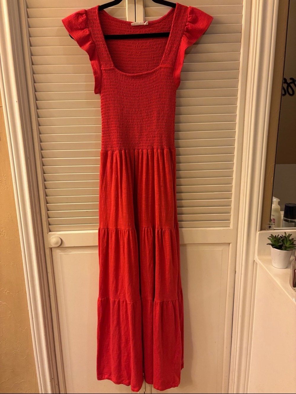 Lucky Brand Red Smocked Bodice Maxi Dress with Flutter Sleeves